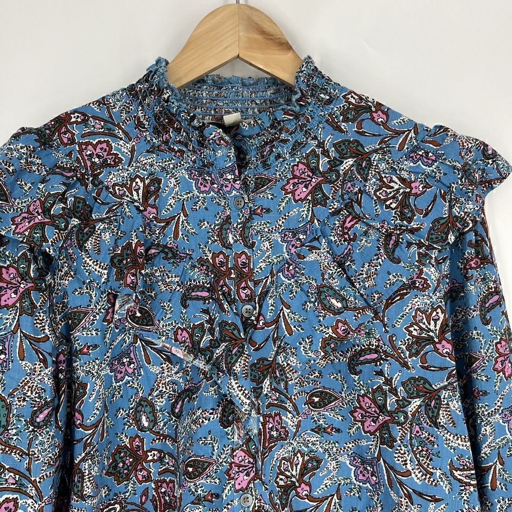 Loft Top Size Medium Bouquet Ruffle Yoke Shirt Button Up Paisley Smocked Prairie - Picture 2 of 10